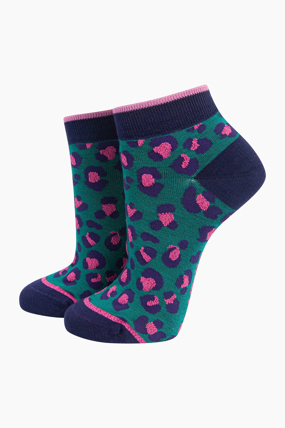 Leopard Print Bamboo Trainer Socks in Forest Green UK Size 3-7