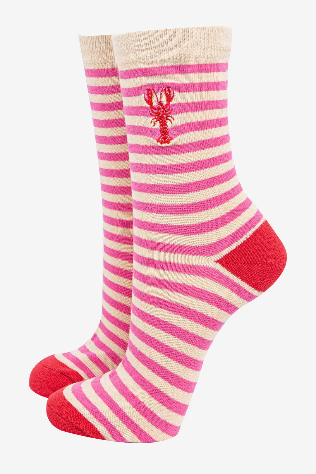 Embroidered Lobster Stripe Socks in Pink UK Size 3-7