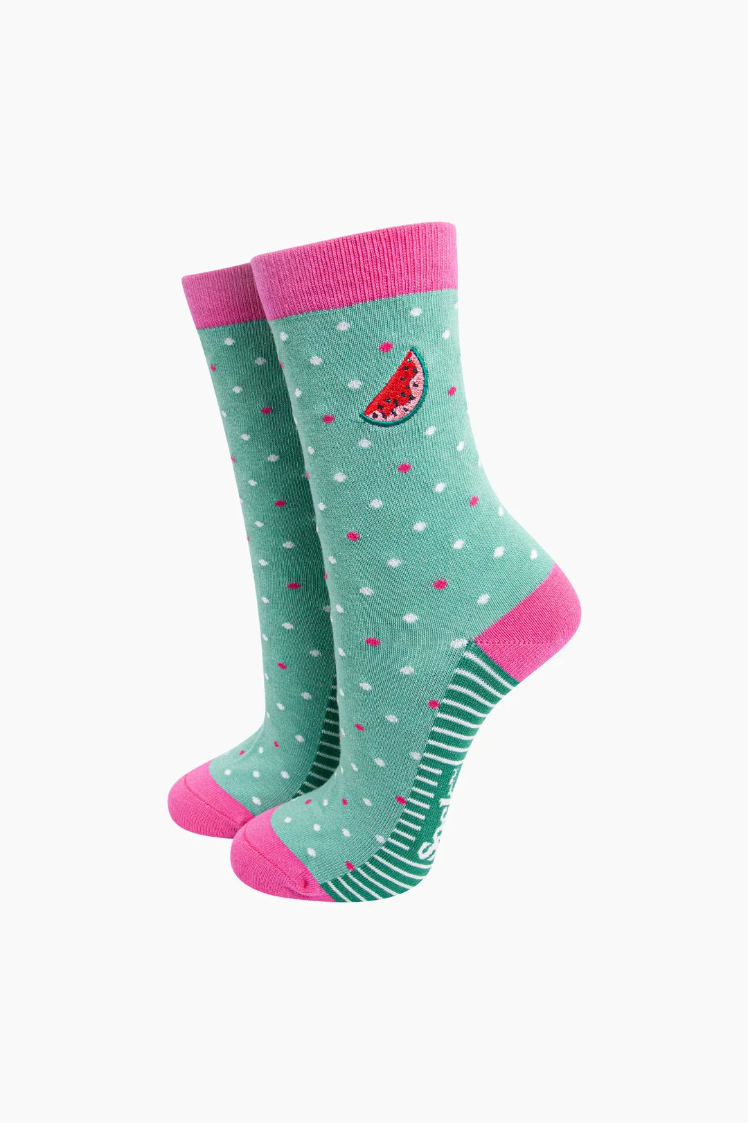 Embroidered Watermelon Combed Cotton Socks in Mint/Pink UK Size 3-7