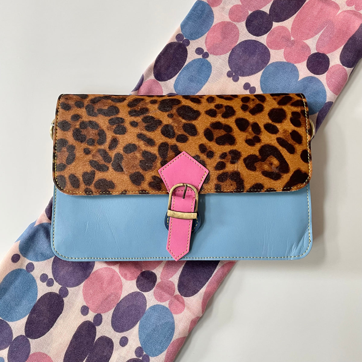 OUTLET Nephele Blanche Bag Unique Handmade Recycled Sustainable Leather and Lilac Dots Scarf Set