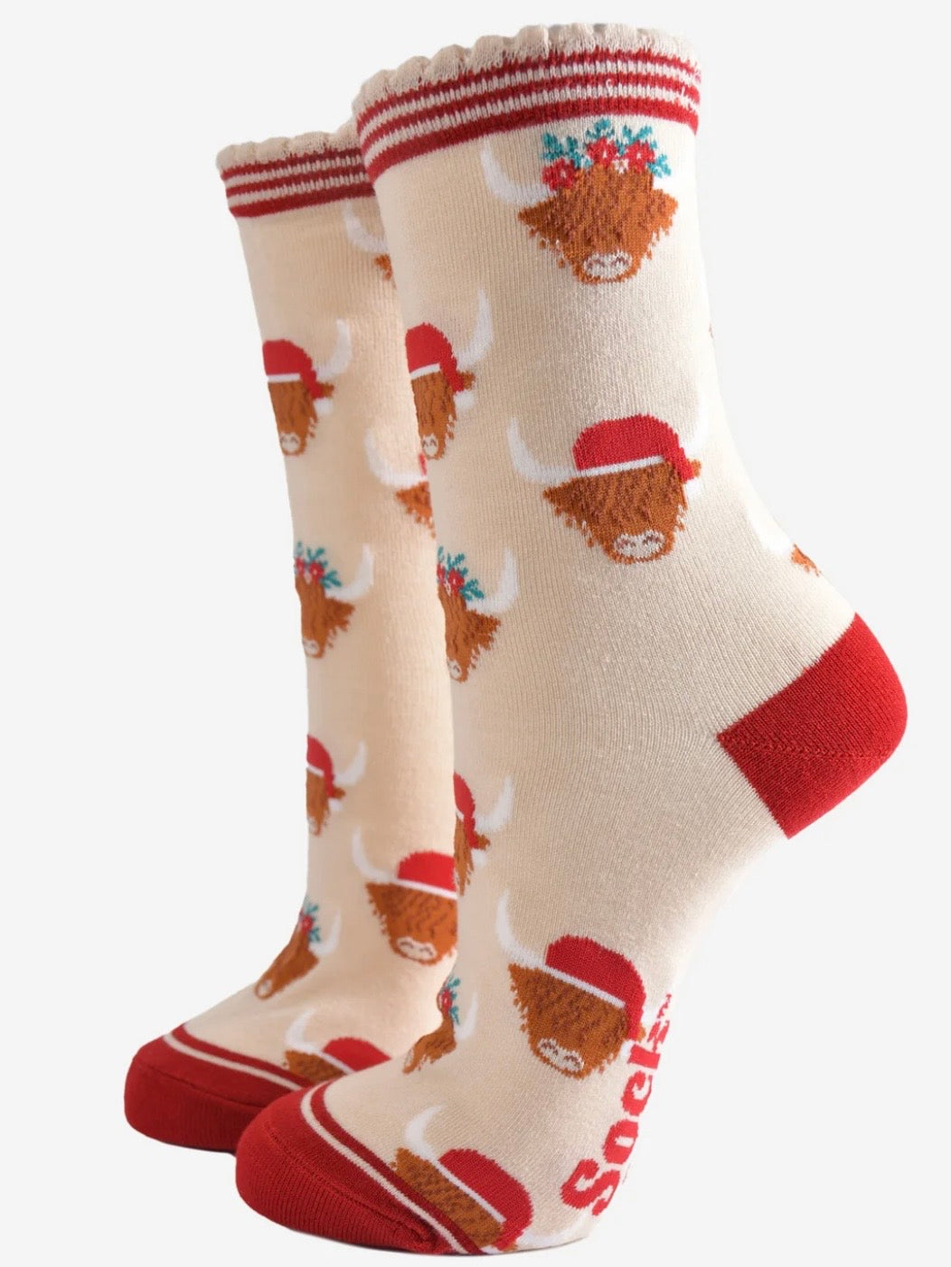 Cream Christmas Highland Cow Socks UK Size 3-7