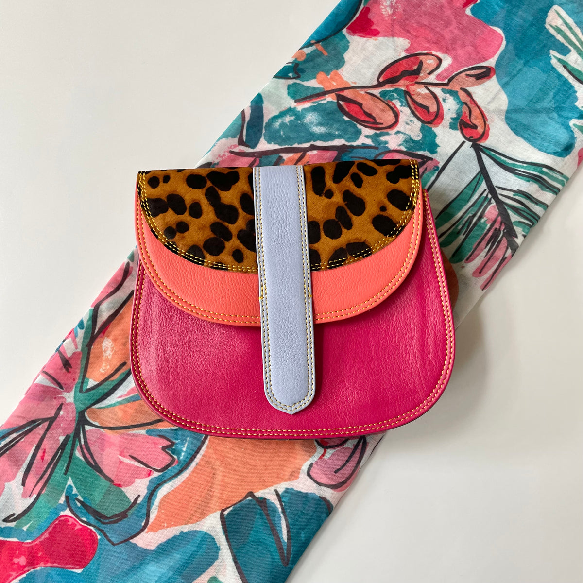 OUTLET Nephele Cecile Bag Unique Handmade Recycled Sustainable Leather and Teal Sketched Leaves Scarf Set