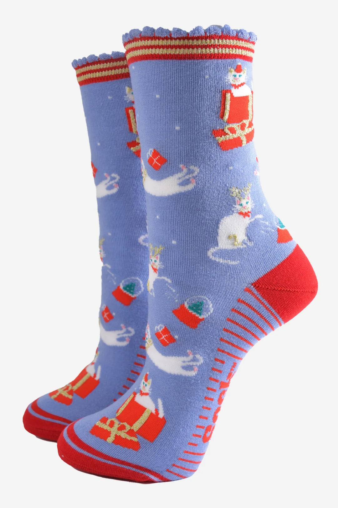Blue and Red Christmas Cat Socks UK Size 3-7