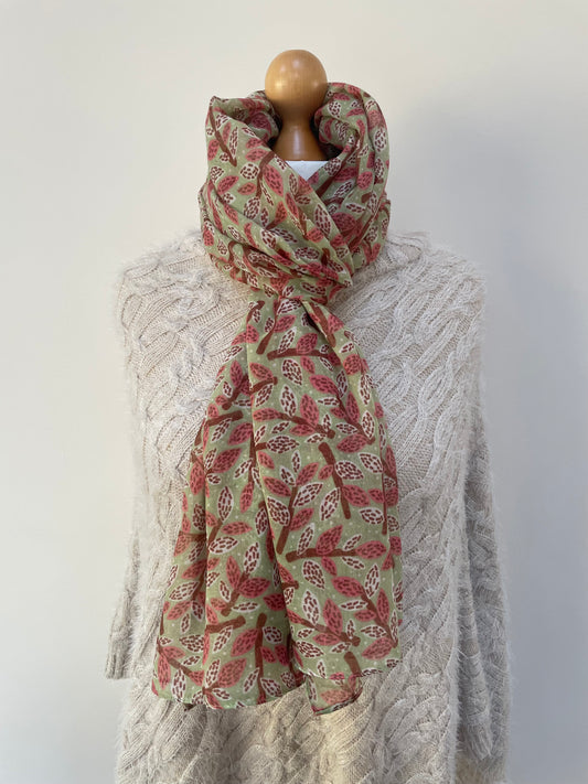 Autumn Rust and Soft Lime Leafy Branches Scarf