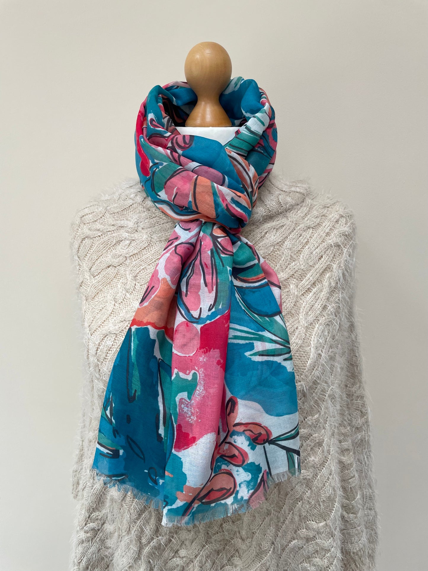 Teal Sketched Leaves Scarf