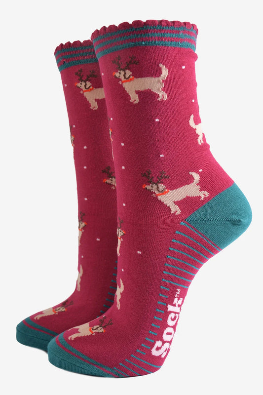 Berry and Green Christmas Golden Retriever Reindeer Socks UK Size 3-7