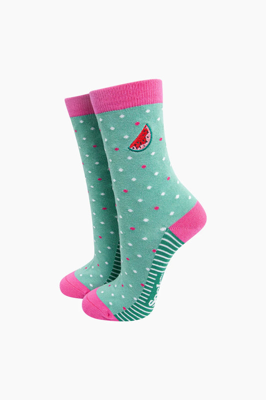 Embroidered Watermelon Combed Cotton Socks in Mint/Pink UK Size 3-7