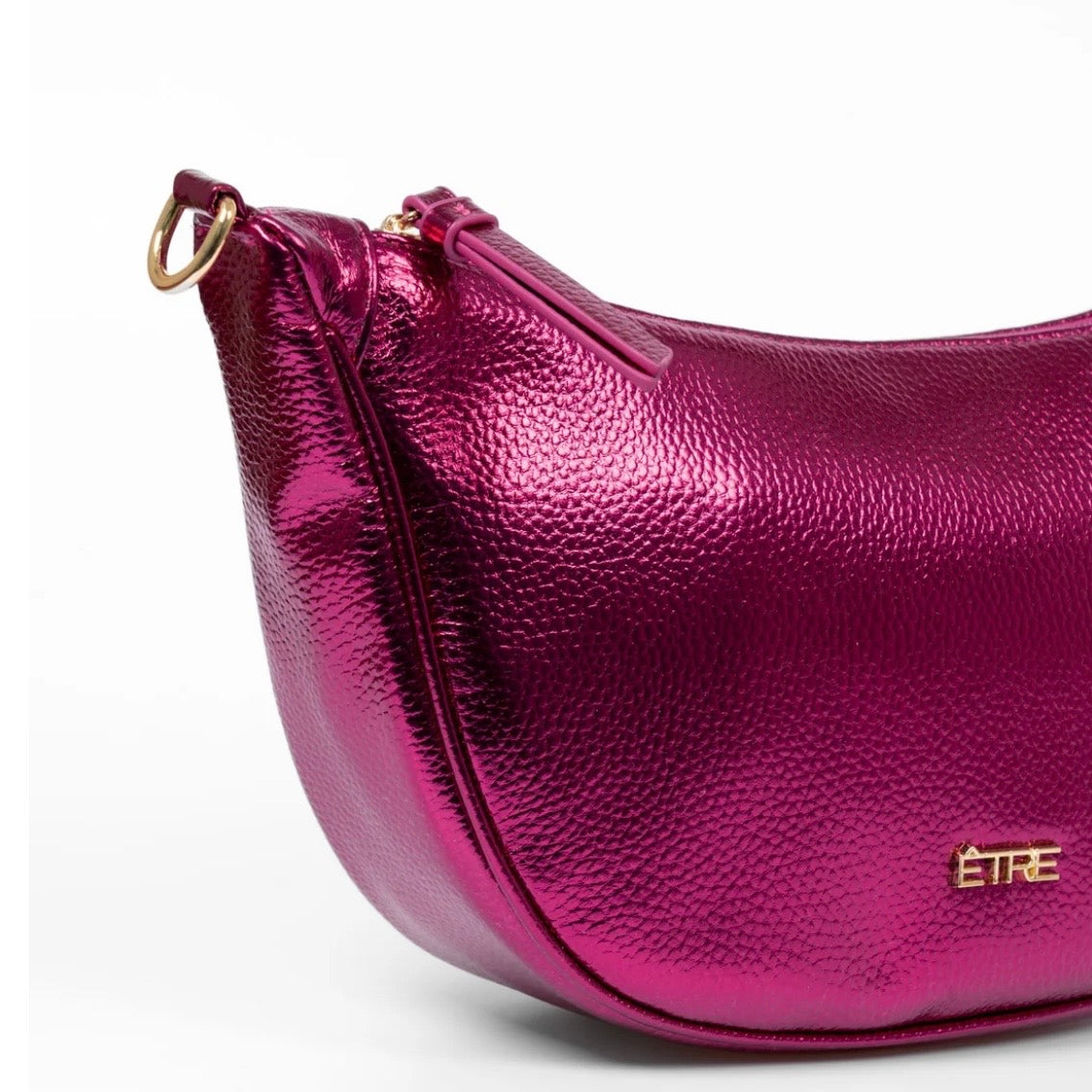 Metallic Pink Half Moon Crossbody Bag - Pebbled Faux Leather