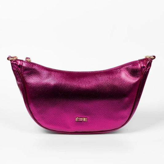 Metallic Pink Half Moon Crossbody Bag - Pebbled Faux Leather