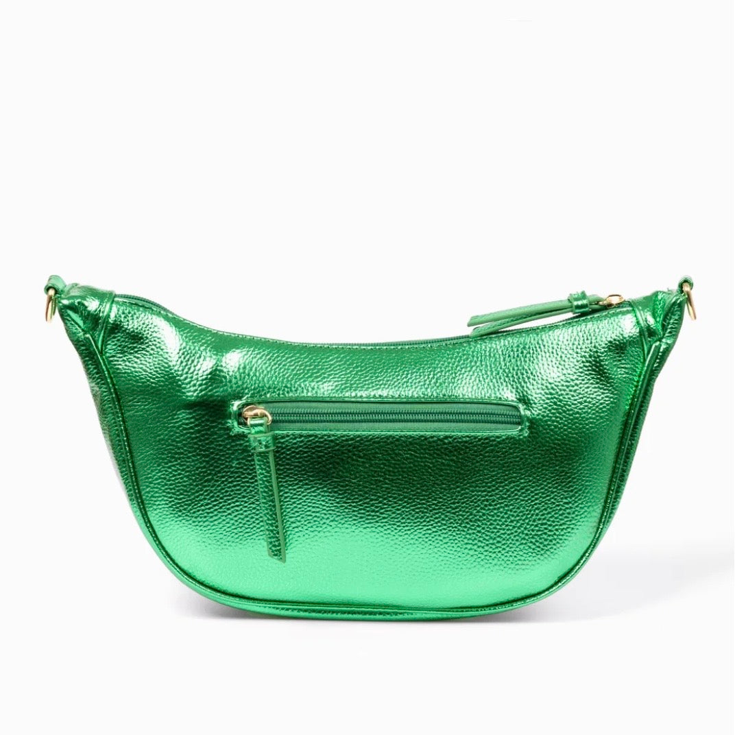 Metallic Green Half Moon Crossbody Bag - Pebbled Faux Leather