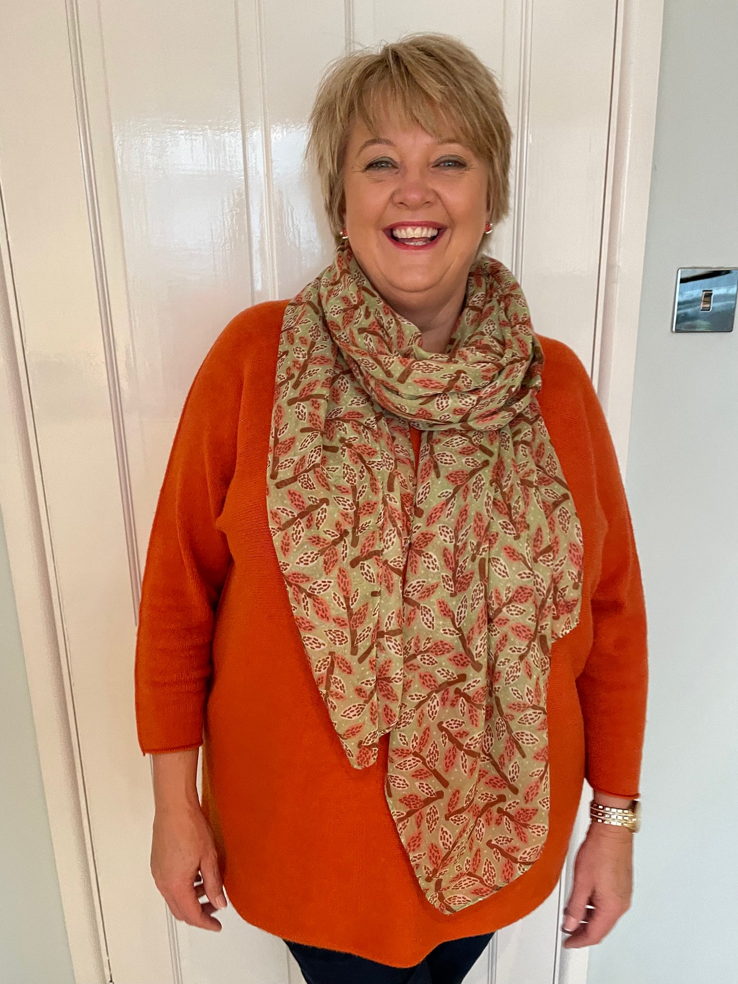 Autumn Rust and Soft Lime Leafy Branches Scarf