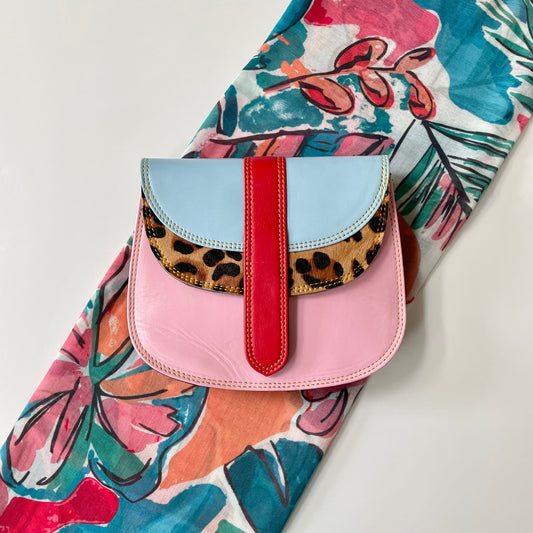 OUTLET Nephele Cecile Bag Unique Handmade Recycled Sustainable Leather and Teal Sketched Leaves Scarf Set