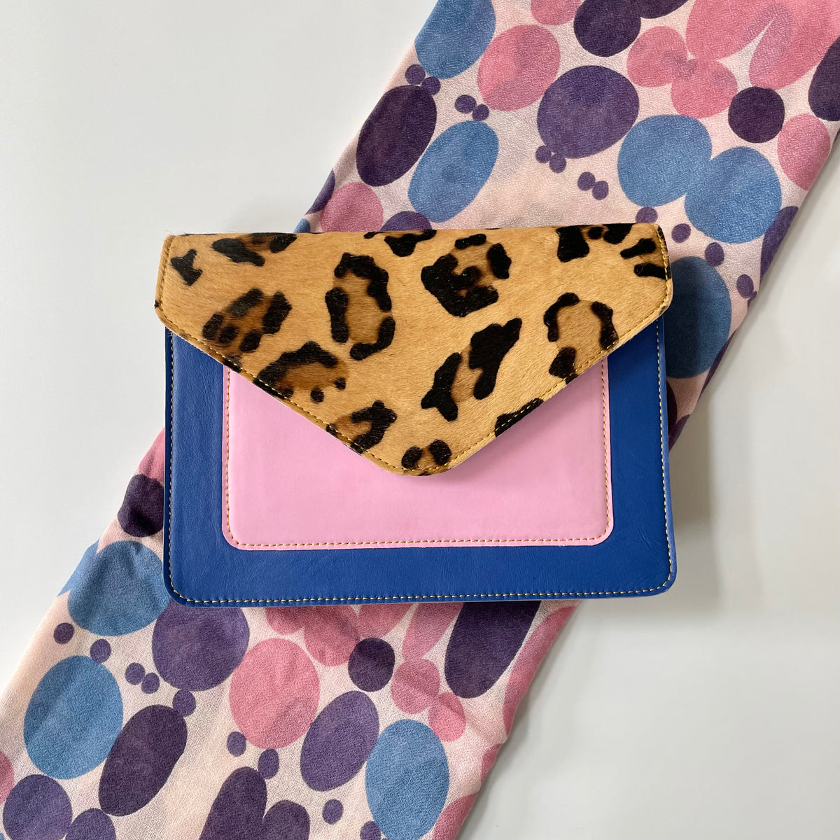 OUTLET Nephele Amy Bag Unique Handmade Recycled Sustainable Leather and Lilac Dots Scarf Set