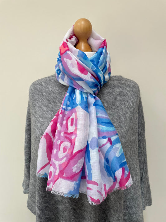 Summer Pink and Blue Hibiscus Scarf