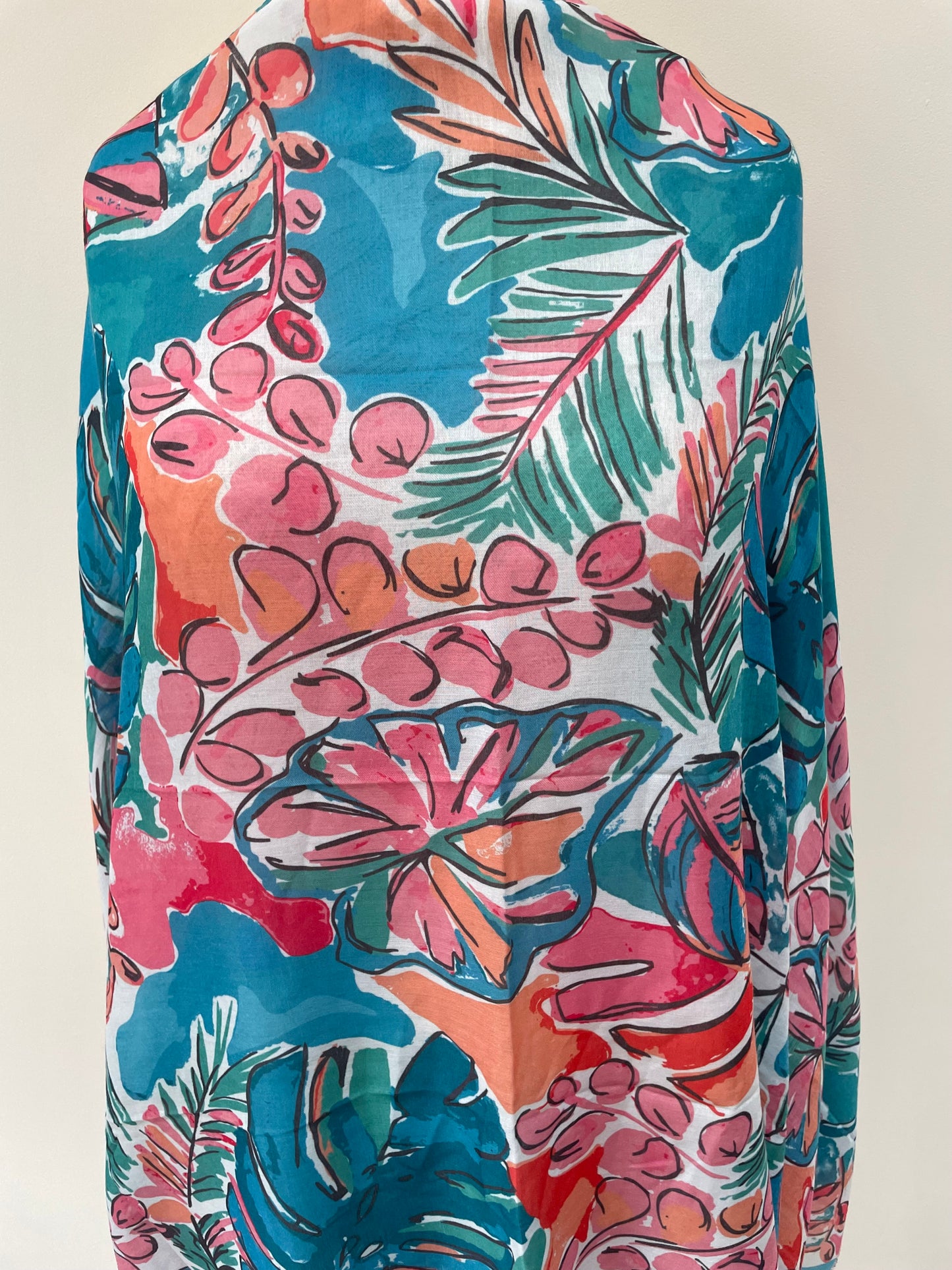 Teal Sketched Leaves Scarf