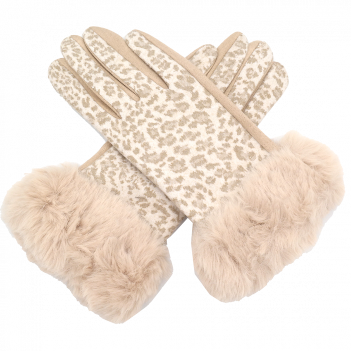 Cream Leopard Print Fluffy Cuff Gloves