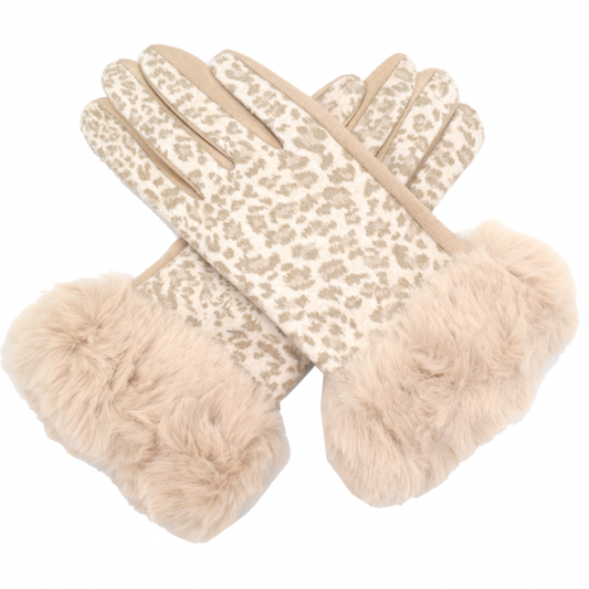 Cream Leopard Print Fluffy Cuff Gloves