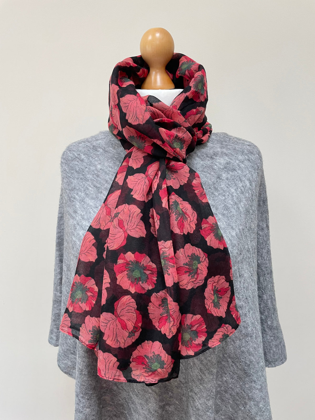 Winter Black and Red Poppy Scarf