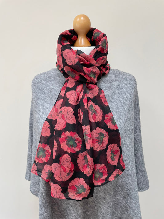 Winter Black and Red Poppy Scarf