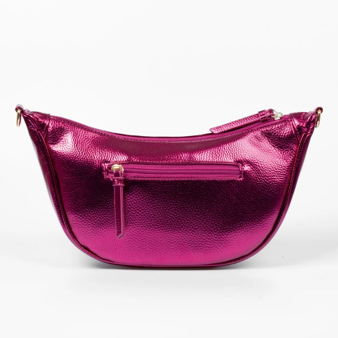 Metallic Pink Half Moon Crossbody Bag - Pebbled Faux Leather