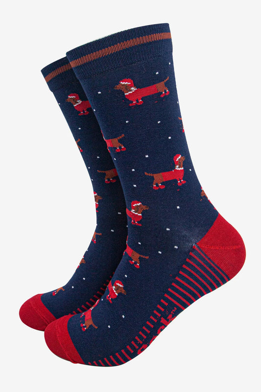 Men's Santa Sausage Dog Navy Blue and Red Bamboo Christmas Socks Size 7-11
