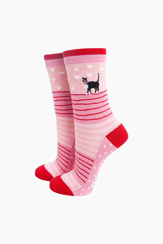 Embroidered Cat Combed Cotton Socks in Pink UK Size 3-7