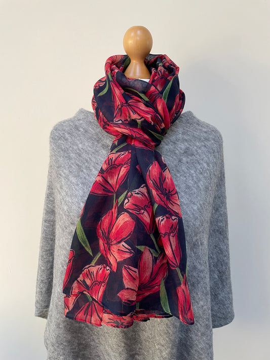 Winter Navy Tulips Scarf