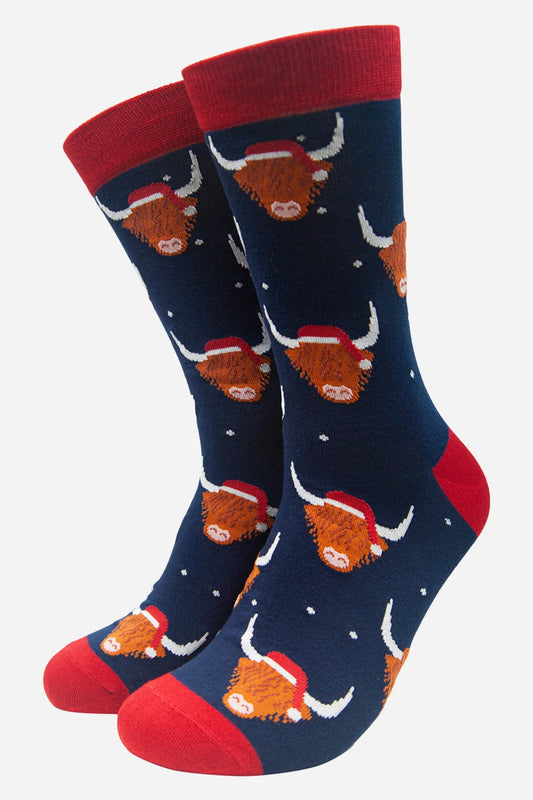 Men's Navy Blue Santa Christmas Highland Cow Bamboo Socks Size 7-11