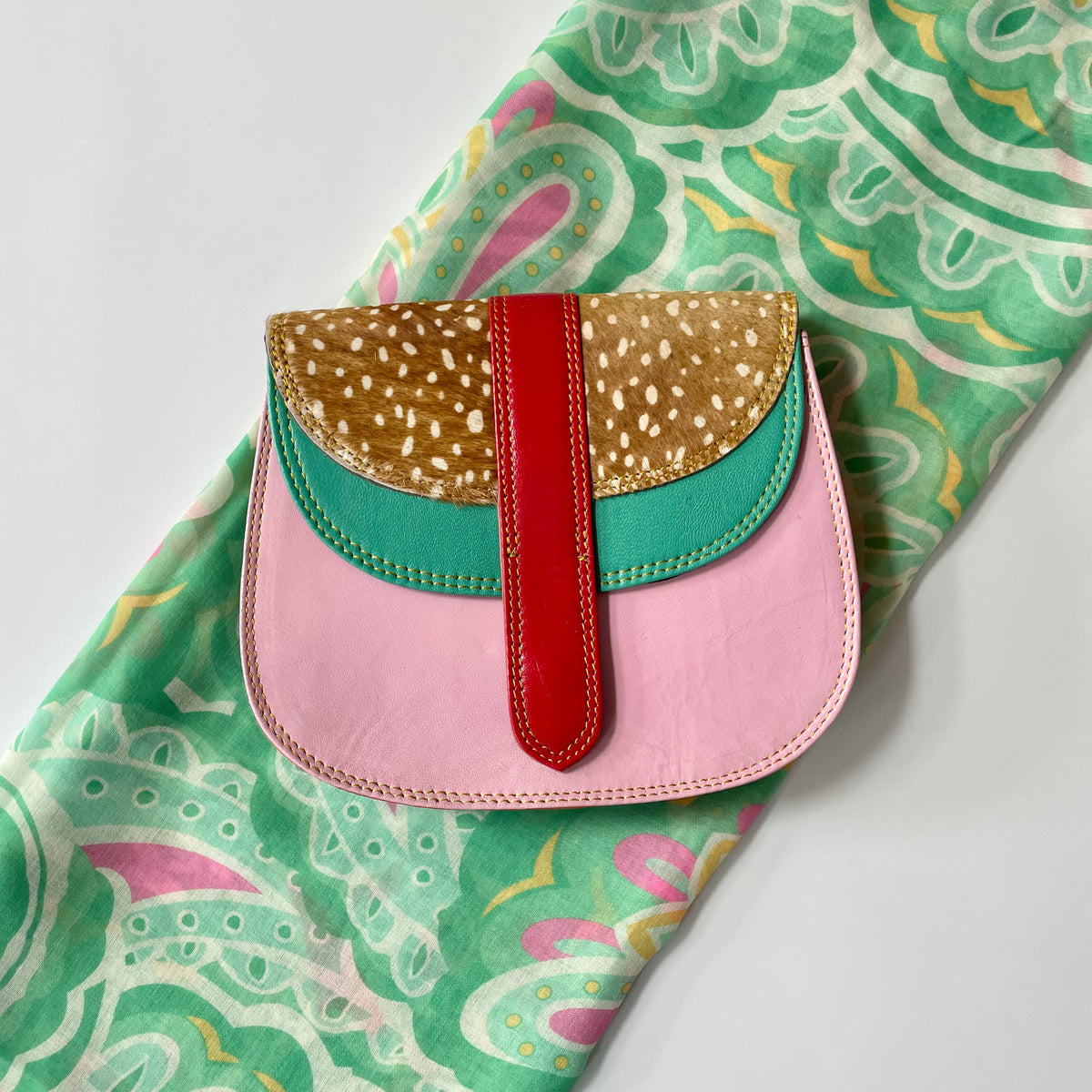 OUTLET Nephele Cecile Bag Unique Handmade Recycled Sustainable Leather and Green Paisley Print Scarf Set