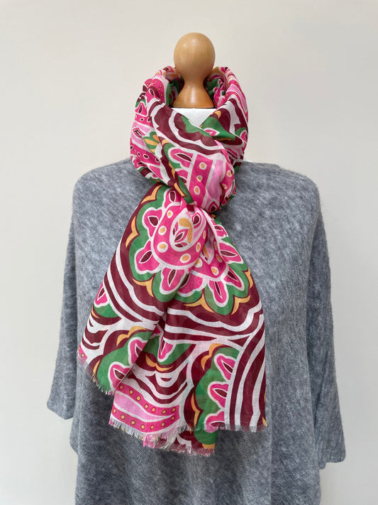 Winter Maroon Pink and Green Paisley Print Scarf