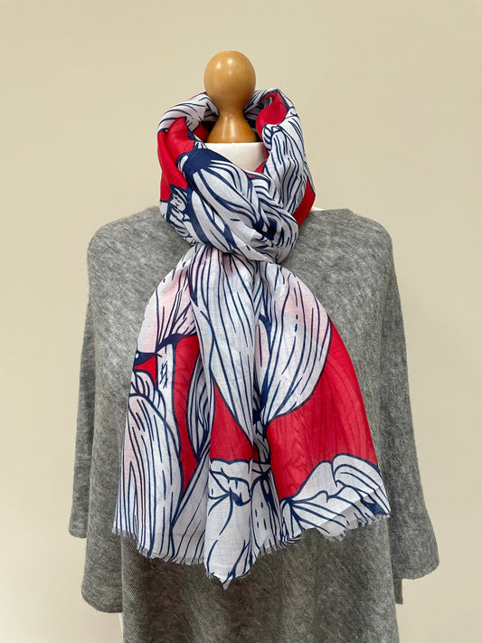 Winter Red White and Navy Floral Sketch Scarf