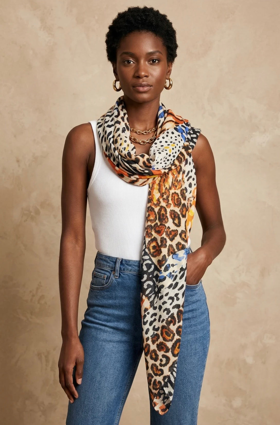 Orange Animal Print Cotton Scarf