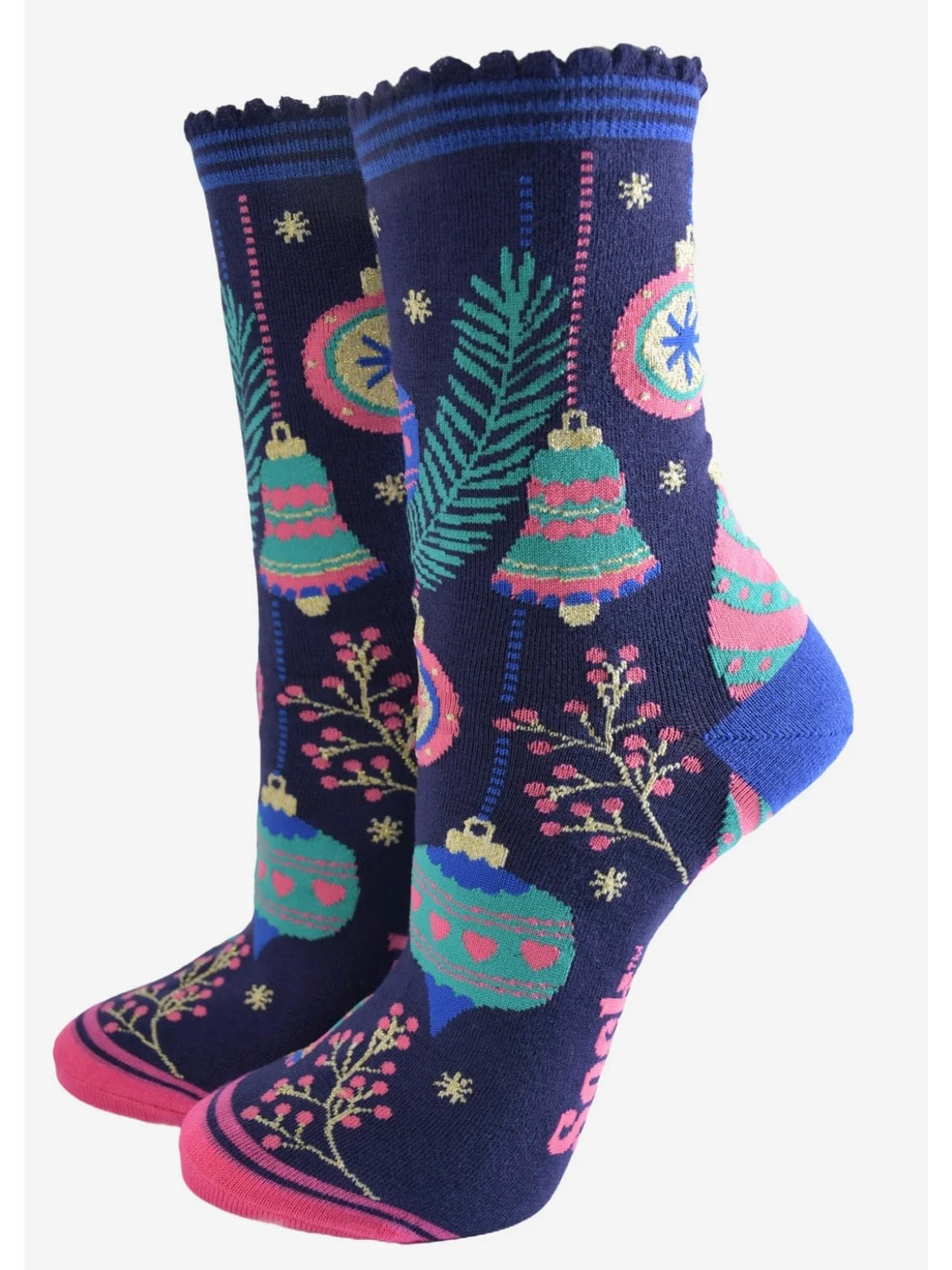 Navy Christmas Baubles Socks UK Size 3-7