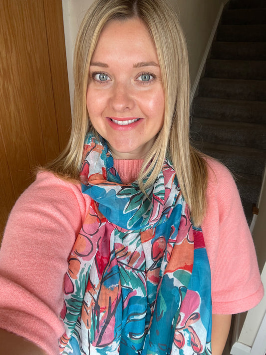 Teal Sketched Leaves Scarf