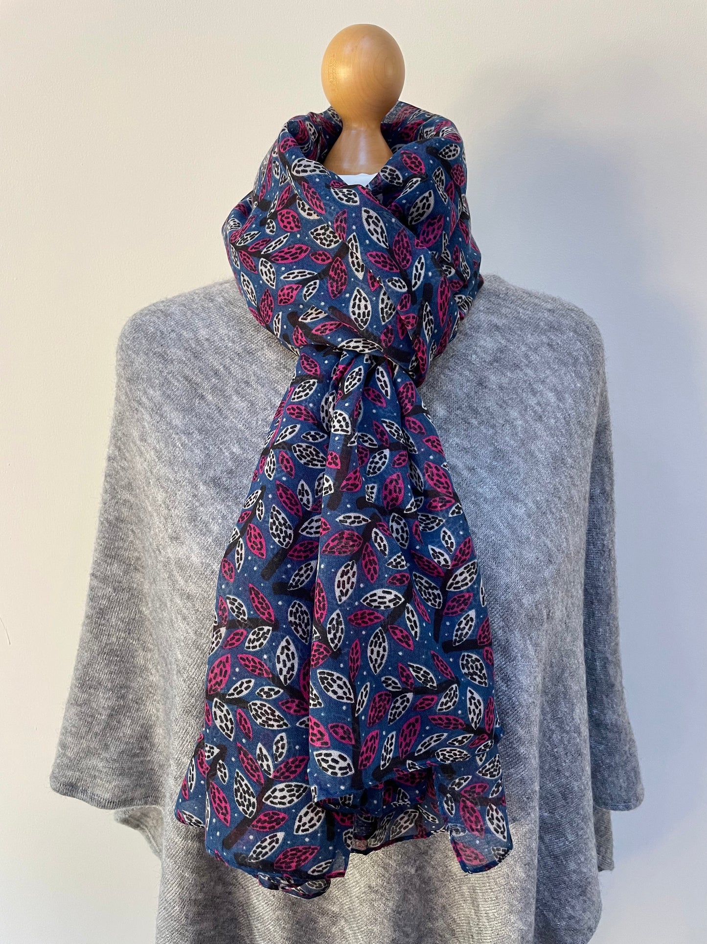 Winter Blue and Pink Leafy Branches Scarf